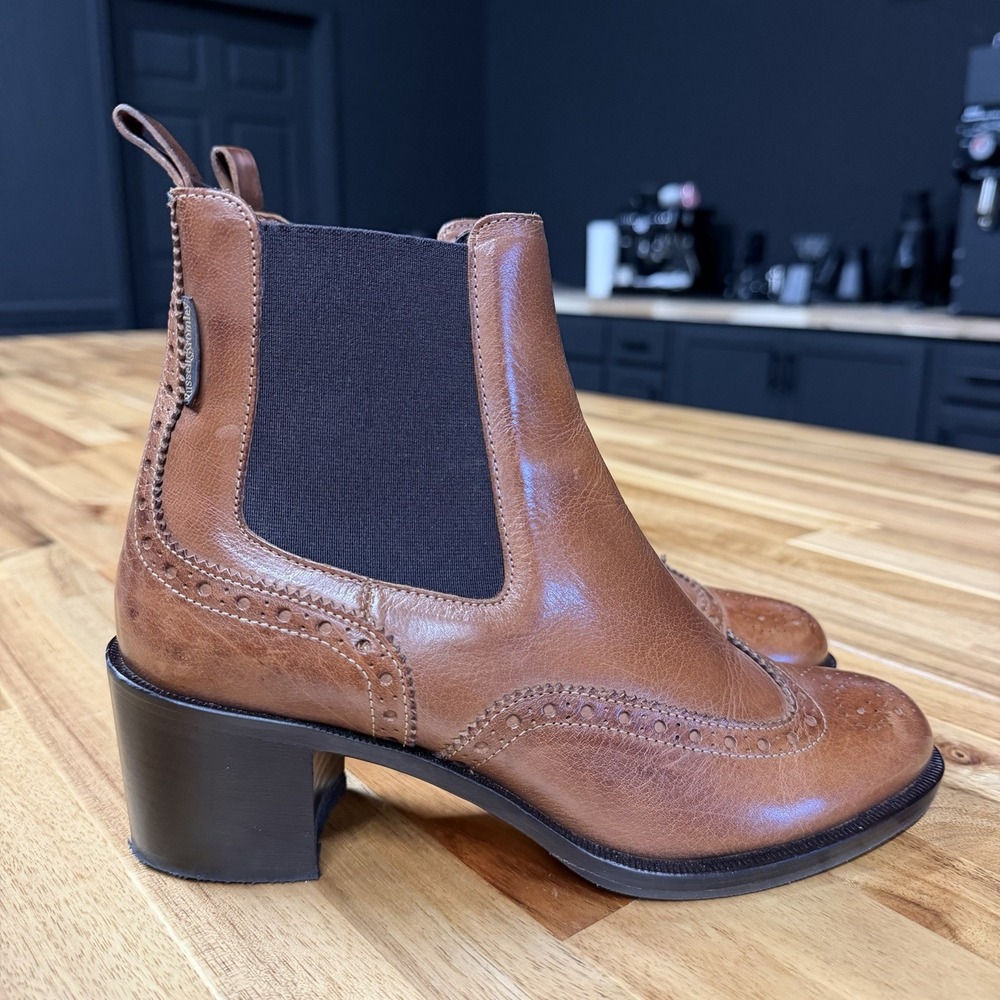 Russell & Bromley tan leather brogue Chelsea ankle boots Women's Size EU 37 US 7